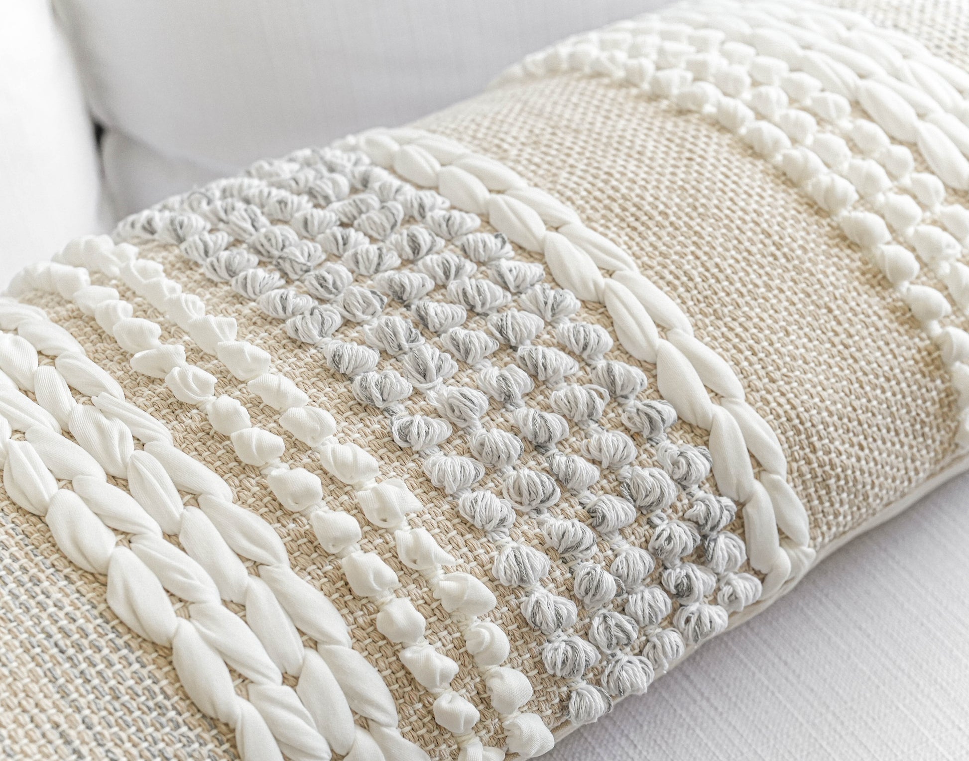 BlissBlush Cream White Decorative Lumbar Pillow Cover 14X36, Boho Long  Lumbar Pillow for Bed, Neutral Textured Body Pillow Cover, Bohemian Woven